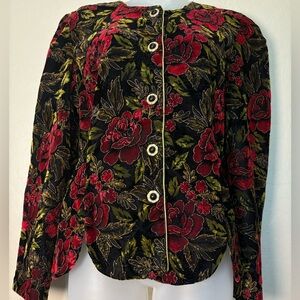R & K Evening Velvet Floral Jacket Black Red Roses Green Vintage Size 12 Missy